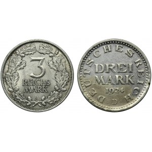 Satz, Deutschland, Weimarer Republik, 3 Mark 1924-1925 (2 Stück).