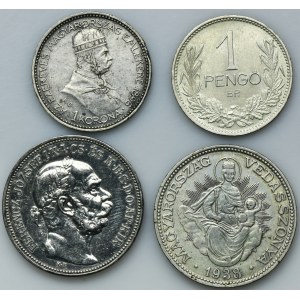 Set, Ungarn, 1 und 2 Kronen und 1 und 2 Pengo (4 Stück)