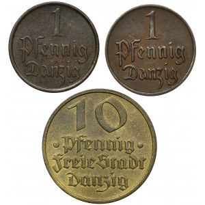Set, Free City of Danzig, 1 pfennig and 10 pfennig (3 pcs.)