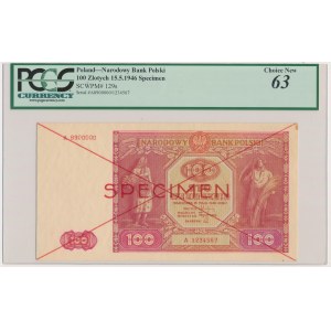 100 zloty 1946 - SPECIMEN - A 8900000/1234567 - PCGS 63