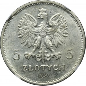 Sztandar, 5 złotych 1930 - NGC MS61 - stempel płytki