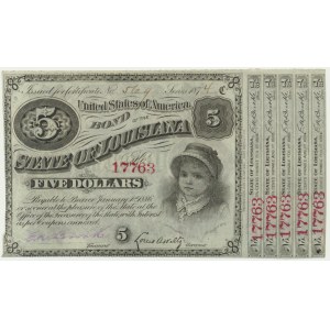 USA, Louisiana, New Orleans, $5 1874 - číslovač červený -.