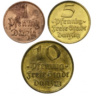 Satz, Freie Stadt Danzig, 1 Fenig, 5 Fenig und 10 Fenig (3 Stück).