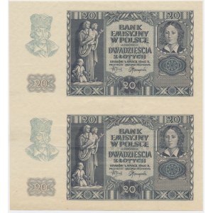 Fragment arkusza 20 złotych 1940 - bez serii i numeratora - (2 szt.)