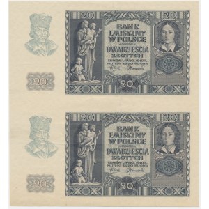 Fragment eines Blattes von 20 Gold 1940 - ohne Serie und Zähler - (2 Stück).