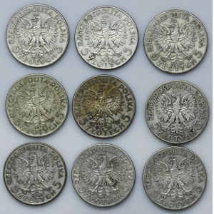 Zestaw, Głowa Kobiety, 5 złotych 1932-1934 (9 szt.)