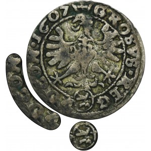 Sigismund III. Wasa, Grosz Kraków 1607 - RZADKI, Lewart Wappen in einem ovalen Schild