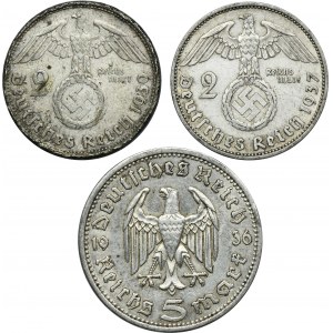 Set, Germany, Third Reich, Paul von Hindenburg, 2 Mark and 5 Mark (3 pcs.)