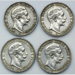 Set, Germany, Kingdom of Prussia, Wilhelm II, 3 Mark Berlin 1909-1910 A (4 pcs.)