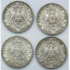 Sada, Nemecko, Pruské kráľovstvo, Wilhelm II, 3 marky Berlín 1909-1910 A (4 ks).