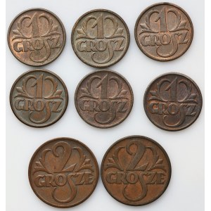 Sada, 1 haléř a 2 haléře 1937-1939 (8 kusů).