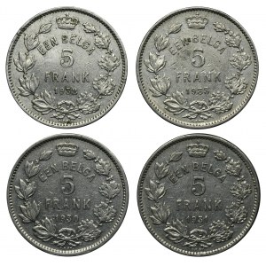 Sada, Belgie, Albert I, 5 franků 1930-1933 (4 kusy).