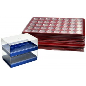 Set, coin trays (7 pieces) and coin boxes in holders (2 pieces).
