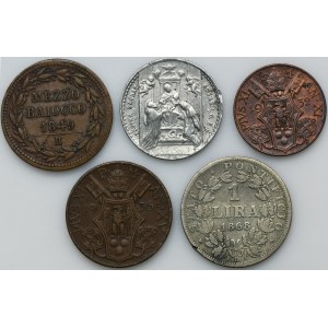 Papal States, Vatican, Pius IX and Pius XI, Mezzo Baiocco, 5 Centesimi, 10 Centymów and 1 Lire (5 pcs.)