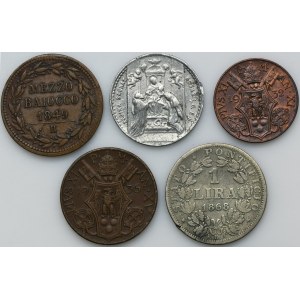 Sada, Církevní stát, Vatikán, Pius IX a Pius XI, Mezzo Baiocco, 5 centýřů, 10 centýřů a 1 lira (5 kusů).