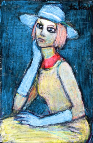 Eugeniusz TUKAN-WOLSKI (1928-2014), Portret kobiety w niebieskim kapeluszu
