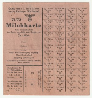 WIELKOPOLSKA. An unfilled blank milk card, valid from January 3 to March 4, 1945 only in the so-called Wartheland