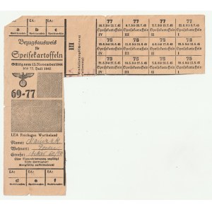 WIELKOPOLSKA, POZNAŃ. Potato card, valid from November 13, 1944 to July 22, 1945 only in the so-called Wartheland for Manczak, who resides in Poznan