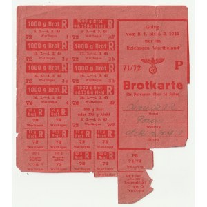 WIELKOPOLSKA, POZNAŃ. Bread card, valid from January 8 to March 4, 1945 only in the so-called Wartheland for Manczak, who resides in Poznań