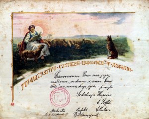 POZNAŃ. Telegram wysłany z okazji ślubu przez sodalicję poznańskich kupców, przedstawiający pasterkę, psa i stado owiec