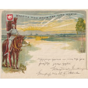 GRUDZIĄDZ. Telegram wysłany z okazji ślubu, uwidoczniony husarz i krajobraz polski