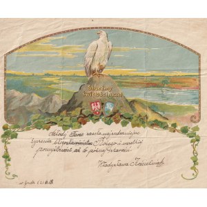 GRUDGES. Telegramm anlässlich einer Hochzeit, oben ein weißer Adler auf einem Felsen, unten an den Seiten Schilde mit einem weißen Adler und einer Jagd und Blumenmotiven