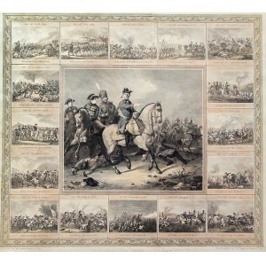 LUTINIA. Frederick II the Great during the Battle of Lutynia (5 December 1757); all around smaller frames with views of the next 16 battles of the Silesian Wars