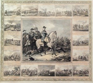 LUTINIA. Frederick II the Great during the Battle of Lutynia (5 December 1757); all around smaller frames with views of the next 16 battles of the Silesian Wars