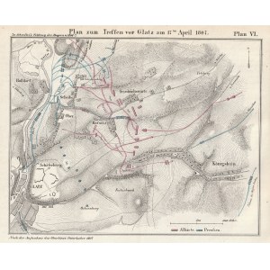 KŁODZKO. Plan des Gefechts zwischen den preußischen und napoleonischen Armeen in der Region Kłodzko am 17. April 1807, das mit dem Rückzug der preußischen Armee endete