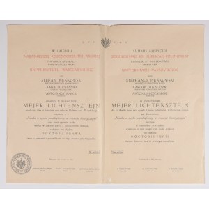 JUDAICA - Warsaw, Volyn. Certificate of awarding a doctor of law degree to Mejer Lichtensztejn, born on April 12, 1910 in Dubna