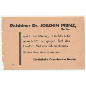 JUDAICA - Gdańsk. Ulotka Organizacji Syjonistycznej w Gdańsku - zaproszenie na spotkanie w dniu 14.V.1934 o godz. 8.30 z rabinem Joachimem Prinzem w dużej Sali Domu Strzeleckiego