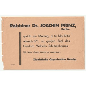 JUDAICA - Danzig. Flugblatt der Zionistischen Organisation in Danzig - Einladung zu einem Treffen am 14.V.1934 um 8.30 Uhr mit Rabbiner Joachim Prinz im großen Saal des Schützenhauses