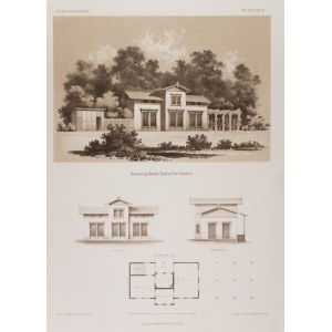 DĄBROSZYN. Bahnhofsgebäude; unten sind Ansichten der Fassade und ein Querschnitt des Gebäudes zu sehen; entworfen von E. Römer, gezeichnet von A. von Keller, 1860