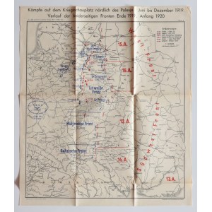 WOJNA polsko-bolszewicka. Mapa przedstawiająca przebieg działań zbrojnych na froncie polsko-bolszewickim od czerwca 1919 do początku 1920 r.