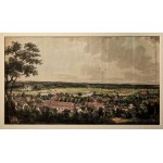 NIETKÓW, ZIELONA GÓRA. Extensive panorama of Nietkow near Zielona Gora with a view of the Oder River and ships - watercolor on handmade paper. The panorama of the town was painted on both sides of the sheet (!),