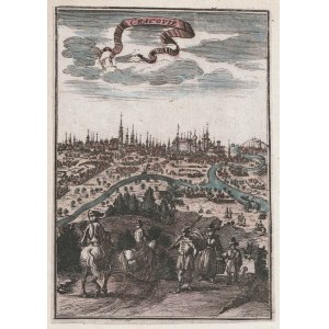 KRAKÓW. Panorama miasta ze sztafażem figuralnym pochodzi z: A. M. Mallet, Description de L'Univers, 1719