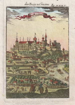 KRAKÓW. Panorama miasta ze sztafażem figuralnym na pierwszym planie, pochodzi z A. Manesson-Malleta, Beschreibung des gantzn Welt-Kreises, 1719
