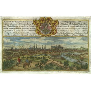 KRAKOW. Panorama of the city with portrait of Emperor Ferdinand III of Habsburg; eng. Georg Hisler, taken from: Sächsischer Postillion, Carl Friedrich Völkel, Löbau 1797