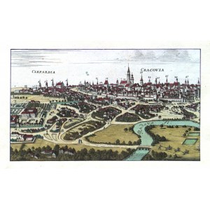KRAKÓW, KLEPARZ. Widok Krakowa (CRACOVIA) i Kleparza (CLEPARDIA); anonim, XVIII w.; miedz. kolor.