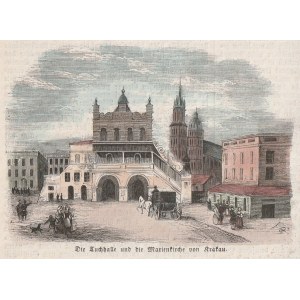 KRAKOW. Tuchhalle und St. Marienkirche, um 1846; Holz, Balken, Farbe.