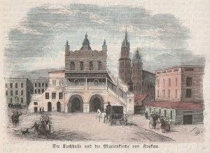 KRAKÓW. Sukiennice i Kościół Mariacki, ok. 1846; drzew. szt., kolor.