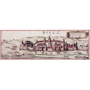 BIECZ. Panorama miasta, pierwotnie na wspólnym arkuszu z panoramą Sandomierza, pochodzi z: Civitates Orbis Terrarum, tom 6, oprac. Georg Braun i Frans Hogenberg