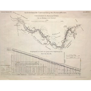 CHEŁMEK (pow. oświęcimski). 2 arkusze przedstawiające bieg Przemszy na odcinku między Chełmkiem a ujściem rzeki do Wisły, profil podłużny rzeki oraz wykresy różnych parametrów wody