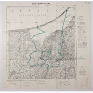 ELBLĄG. Mapa topograficzna regionu Elbląga, na północy Zatoka Gdańska, na południu Malbork