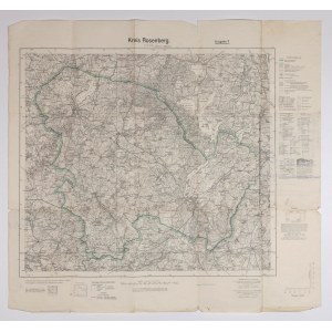 TROCKEN. Topographische Karte des Bezirks Rosenberg, auf der Karte, unter anderem: Susz, im Norden Mikołajki Pomorskie, im Süden Biskupiec