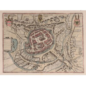 SWIEBODZIN. Perspective plan of the city, in the upper part the coats of arms of the Knobelsdorffs and the city of Swiebodzin. Derived from Civitates orbis terrarum, published by Georg Braun and Frans Hogenberg, Cologne 1572-1618.