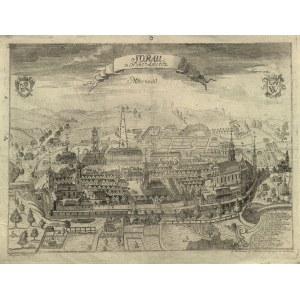ŻARY. Panorama miasta. Oprac. Ch. Jaehne, ryt. G. Böhmer, ok. 1725 r.; w górze po lewej herb dawnych właścicieli miasta, Promnitzów (strzała i gwiazdy), po prawej na tarczy herbowej monogram W pochodzący z pieczęci sekretnej miasta