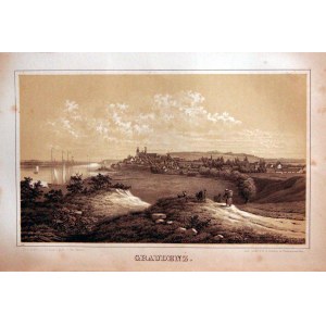 GRUDZIEDZ. Panorama of the city overlooking the Vistula River; drawn by G.A. Mann, C.G. Kanter 1856; letter toned