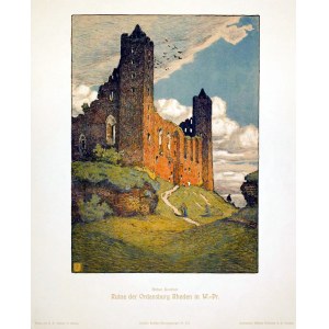 RADZYN CHEŁMIŃSKI. View of the castle ruins, lith. by Arthur Bendrat, 1906; chromolith.