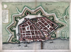 TORUŃ. Perspektywiczny plan miasta od strony Wisły; wyd. J. Janssonius, 1657; pochodzi z: Theatrum urbium, Amsterdam 1657